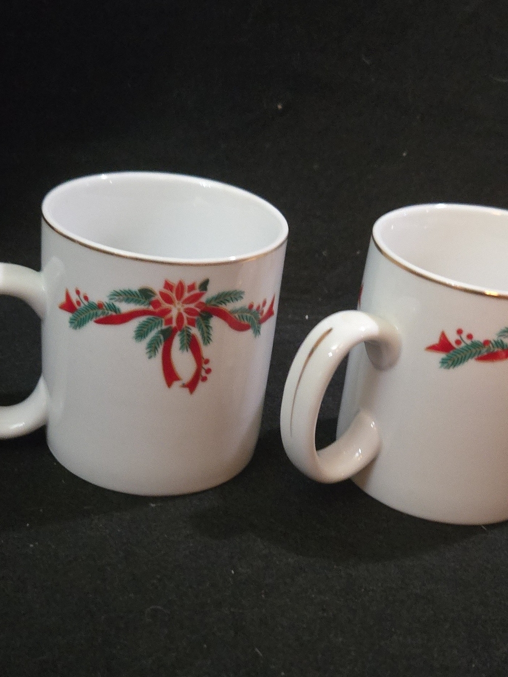 Vintage White Ceramic Holiday Mugs with Red & Green Poinsettia Design